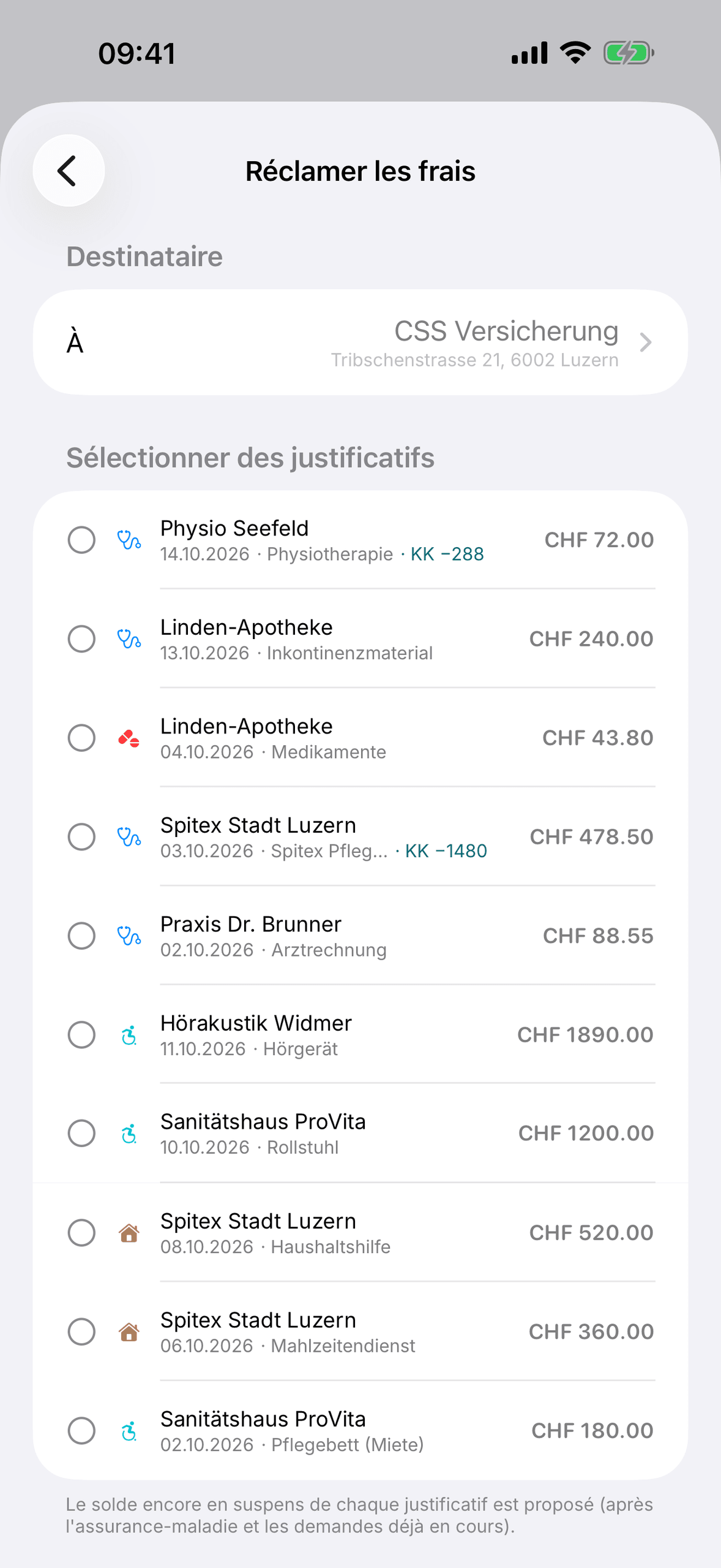 Sélectionner les justificatifs et réclamer les frais