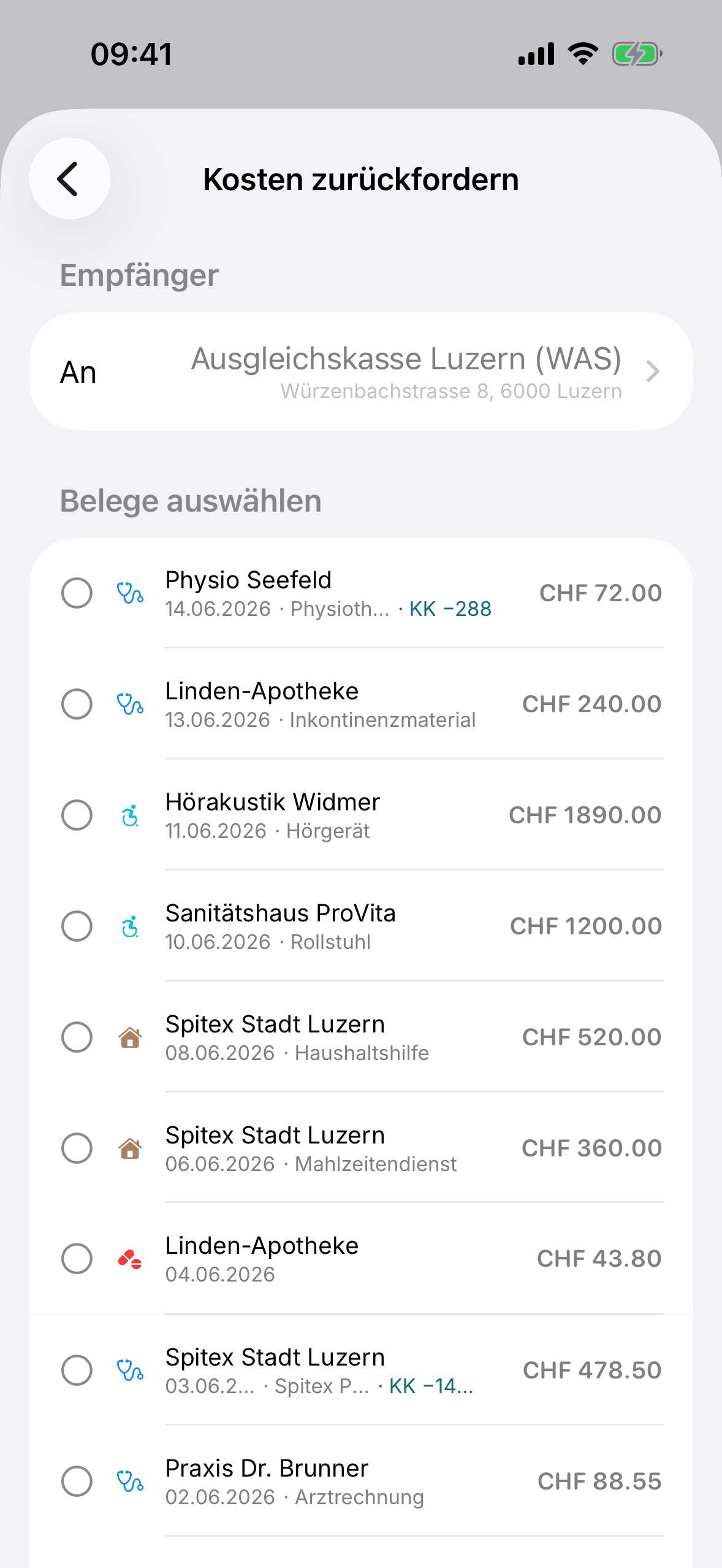 Belege auswählen und Kosten zurückfordern