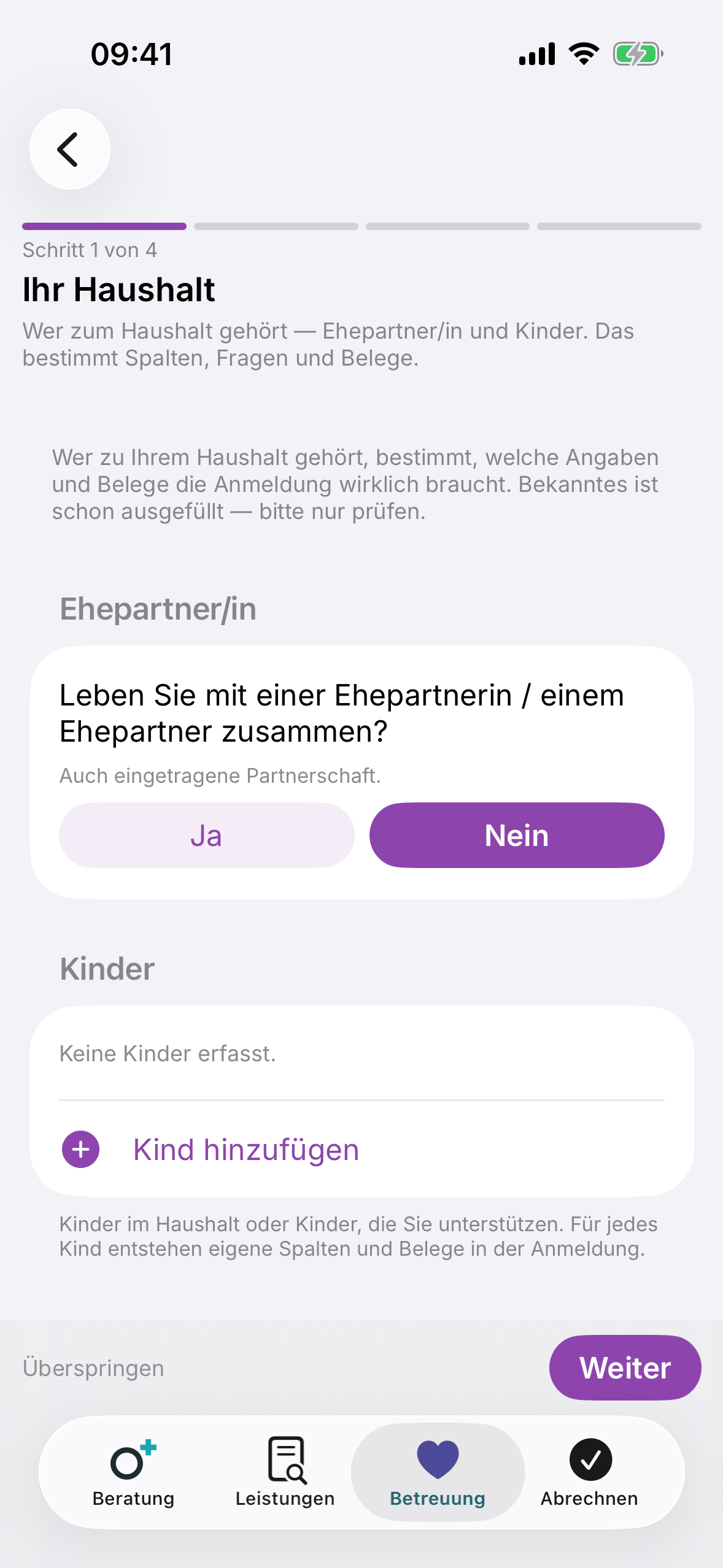 Geführter Anmelde-Assistent, Schritt für Schritt