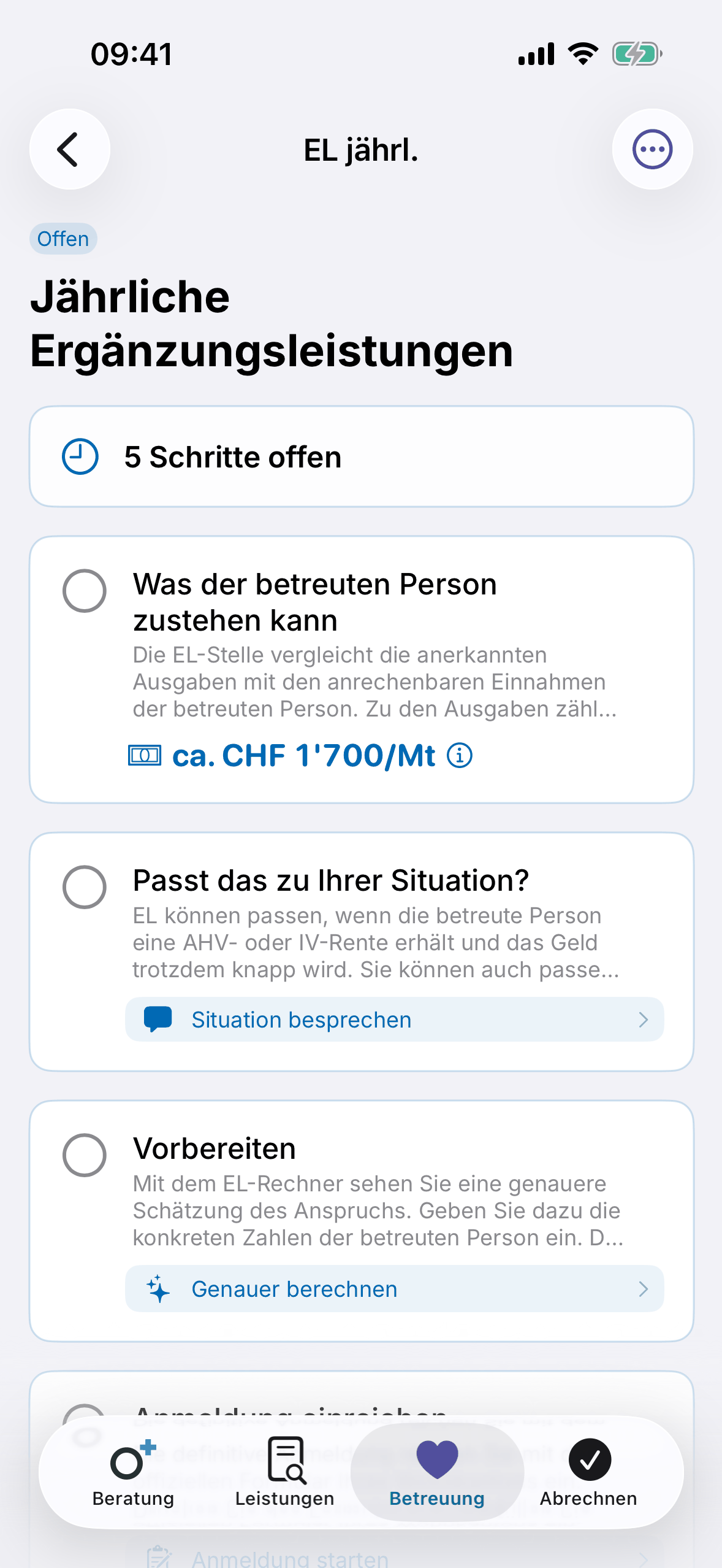 Care-Plan mit Schritten und geschätztem Anspruch